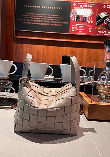 Mia Woven Leather Bowling Shoulder Bag Grey