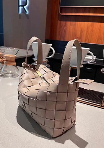Mia Woven Leather Bowling Shoulder Bag Grey