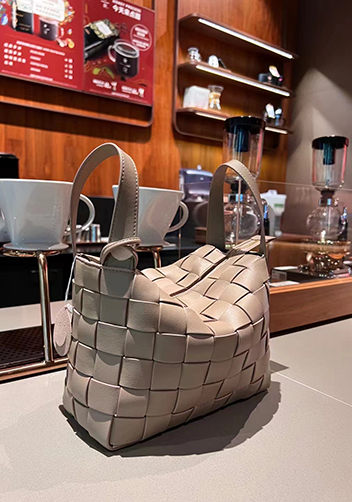 Mia Woven Leather Bowling Shoulder Bag Grey