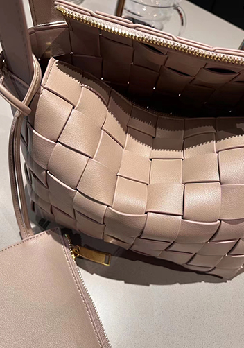 Mia Woven Leather Bowling Shoulder Bag Grey