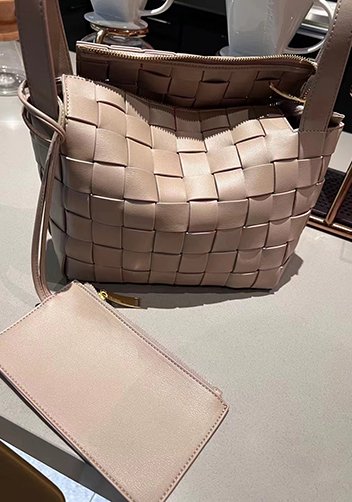 Mia Woven Leather Bowling Shoulder Bag Grey