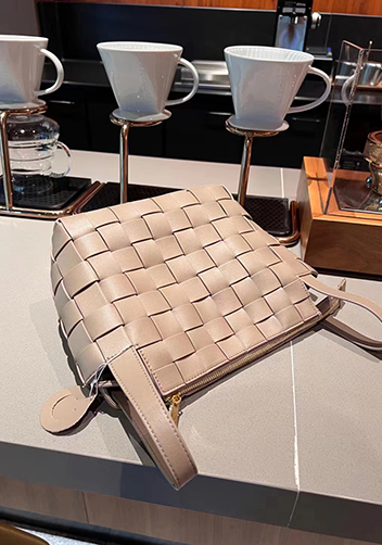 Mia Woven Leather Bowling Shoulder Bag Grey