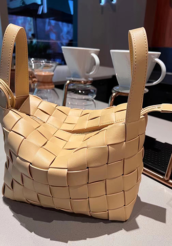 Mia Woven Leather Bowling Shoulder Bag Yellow