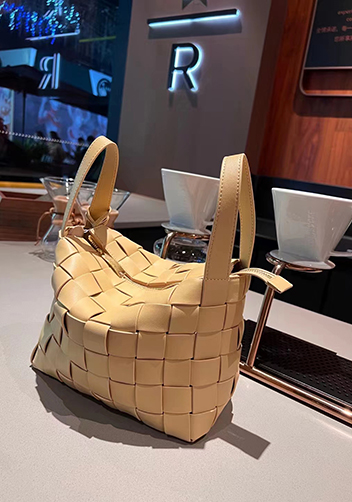 Mia Woven Leather Bowling Shoulder Bag Yellow