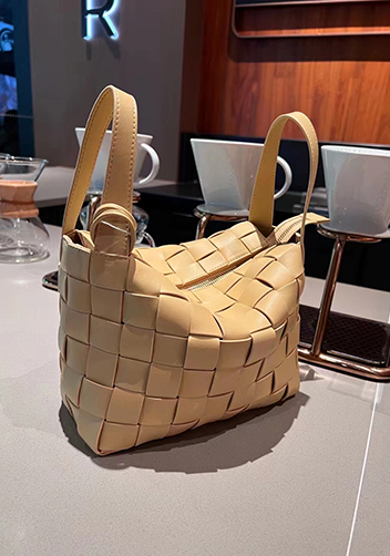 Mia Woven Leather Bowling Shoulder Bag Yellow