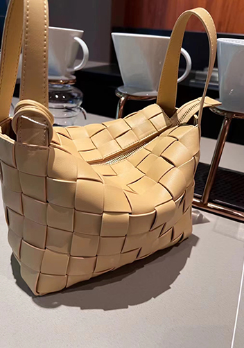 Mia Woven Leather Bowling Shoulder Bag Yellow