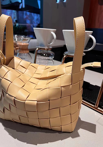 Mia Woven Leather Bowling Shoulder Bag Yellow