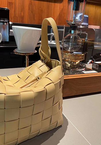 Mia Woven Leather Bowling Shoulder Bag Yellow