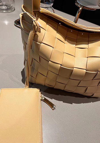 Mia Woven Leather Bowling Shoulder Bag Yellow