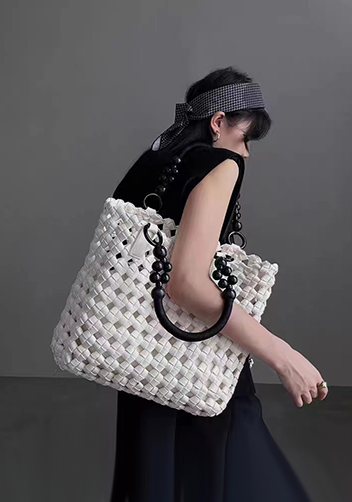 Mia Hollowing Woven Shoulder Bag White
