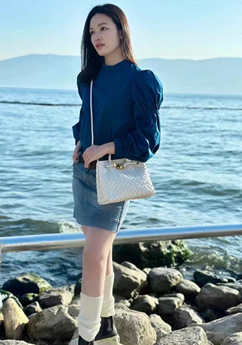 Allegria Woven Large Leather Shoulder Bag Cream