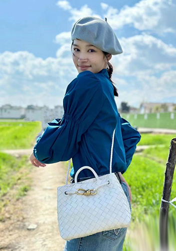 Allegria Woven Large Leather Shoulder Bag Cream