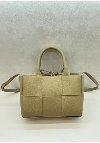 Mia Woven Leather 6 Squares Medium Tote Beige