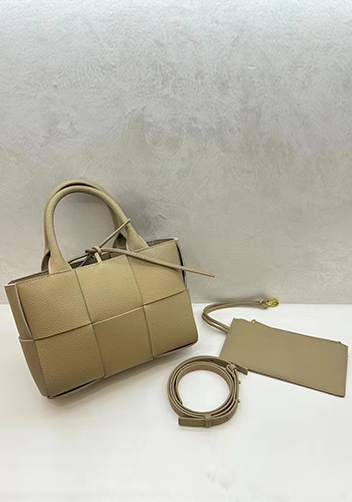 Mia Woven Leather 6 Squares Medium Tote Beige