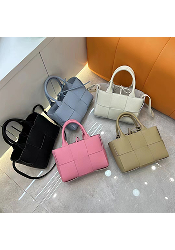 Mia Woven Leather 6 Squares Medium Tote Cream