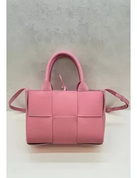 Mia Woven Leather 6 Squares Medium Tote Pink