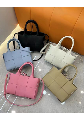 Mia Woven Leather 6 Squares Medium Tote Pink