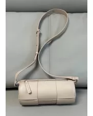 Mia Woven Leather Cylinder Shoulder Bag Beige