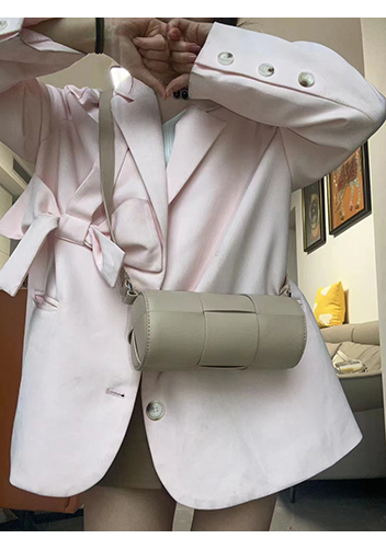Mia Woven Leather Cylinder Shoulder Bag Beige