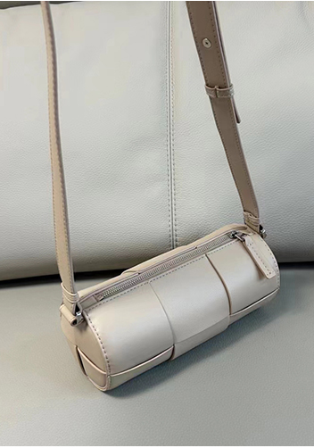 Mia Woven Leather Cylinder Shoulder Bag Beige