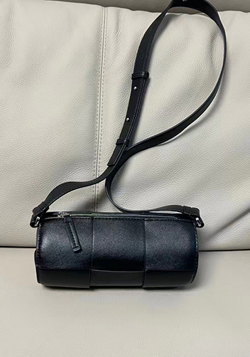 Mia Woven Leather Cylinder Shoulder Bag Black