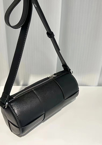 Mia Woven Leather Cylinder Shoulder Bag Black