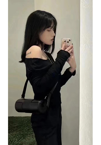 Mia Woven Leather Cylinder Shoulder Bag Black