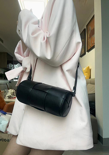 Mia Woven Leather Cylinder Shoulder Bag Black