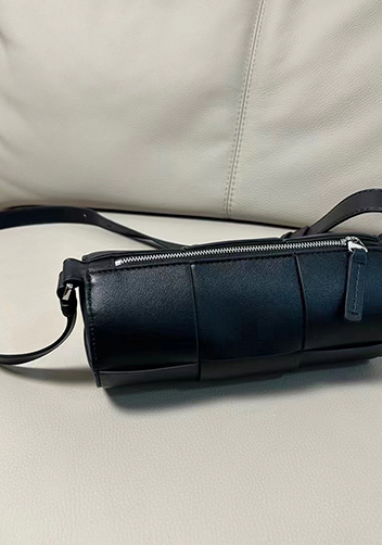 Mia Woven Leather Cylinder Shoulder Bag Black