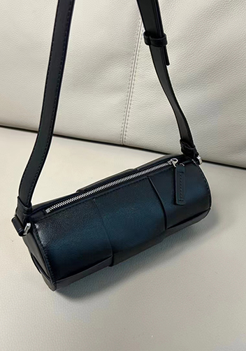 Mia Woven Leather Cylinder Shoulder Bag Black