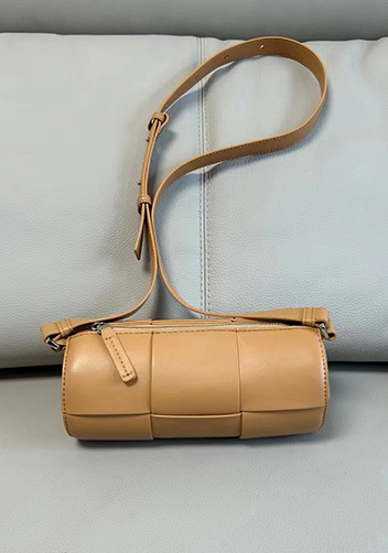 Mia Woven Leather Cylinder Shoulder Bag Camel