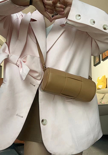 Mia Woven Leather Cylinder Shoulder Bag Camel