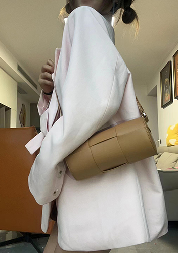 Mia Woven Leather Cylinder Shoulder Bag Camel