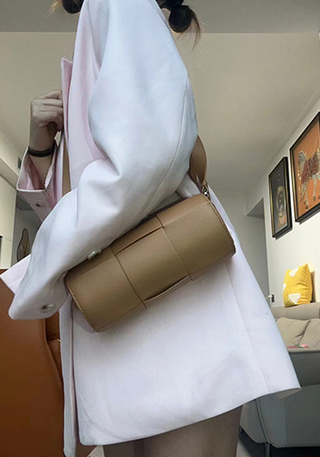 Mia Woven Leather Cylinder Shoulder Bag Camel