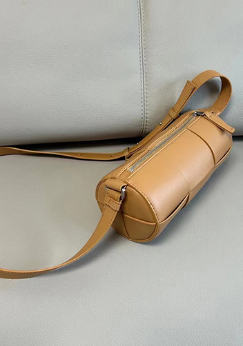 Mia Woven Leather Cylinder Shoulder Bag Camel