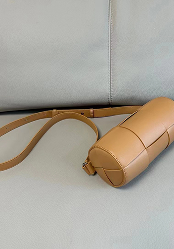 Mia Woven Leather Cylinder Shoulder Bag Camel