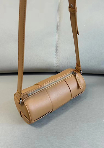 Mia Woven Leather Cylinder Shoulder Bag Camel