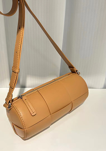 Mia Woven Leather Cylinder Shoulder Bag Camel
