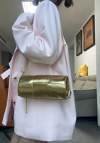 Mia Woven Leather Cylinder Shoulder Bag Gold