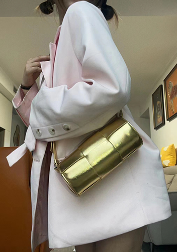 Mia Woven Leather Cylinder Shoulder Bag Gold