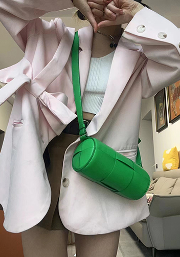 Mia Woven Leather Cylinder Shoulder Bag Green