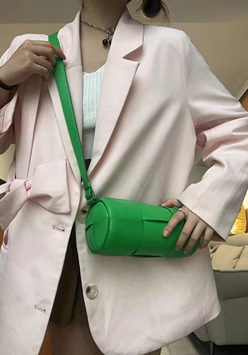 Mia Woven Leather Cylinder Shoulder Bag Green