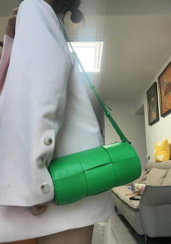 Mia Woven Leather Cylinder Shoulder Bag Green