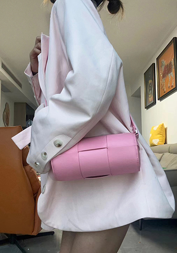 Mia Woven Leather Cylinder Shoulder Bag Pink