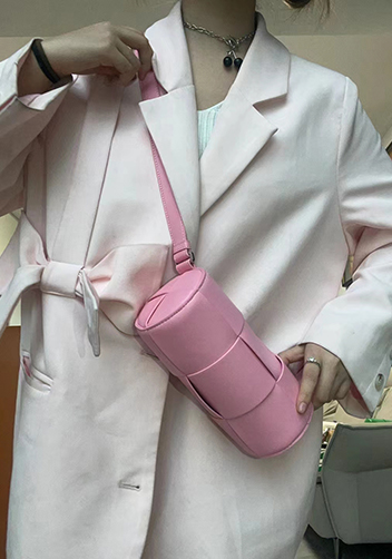 Mia Woven Leather Cylinder Shoulder Bag Pink