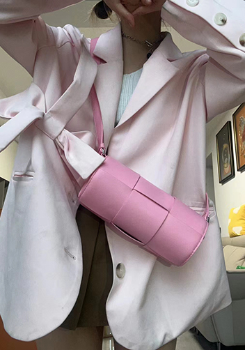Mia Woven Leather Cylinder Shoulder Bag Pink