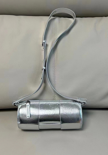 Mia Woven Leather Cylinder Shoulder Bag Silver