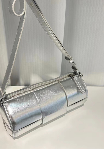 Mia Woven Leather Cylinder Shoulder Bag Silver