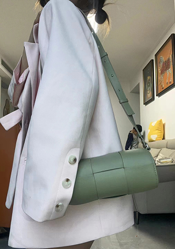 Mia Woven Leather Cylinder Shoulder Bag Stone Green