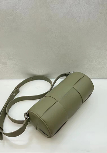 Mia Woven Leather Cylinder Shoulder Bag Stone Green